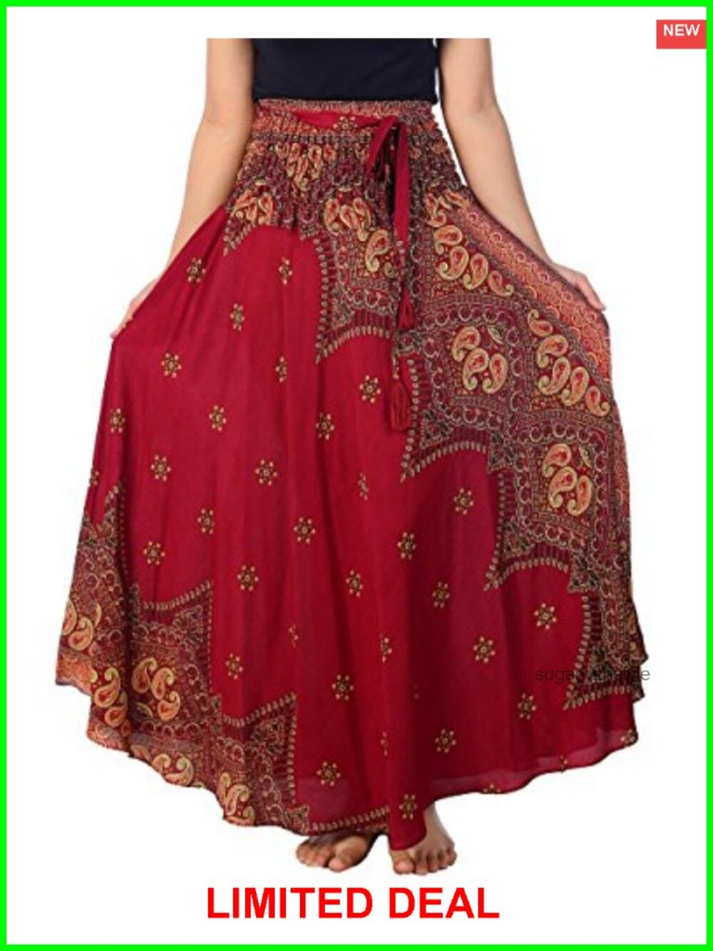 Women's Boho Maxi Skirt Elastic Waist Drawstring Tassels Rayon